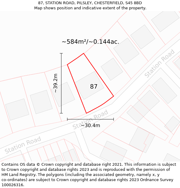 87, STATION ROAD, PILSLEY, CHESTERFIELD, S45 8BD: Plot and title map