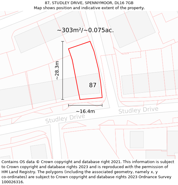 87, STUDLEY DRIVE, SPENNYMOOR, DL16 7GB: Plot and title map