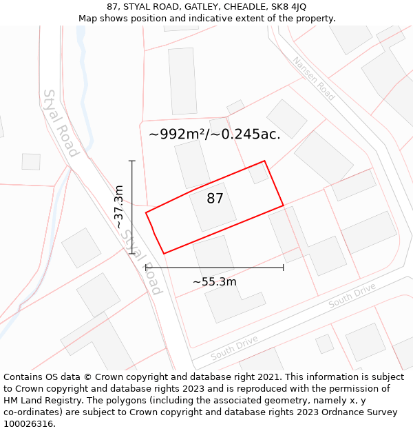 87, STYAL ROAD, GATLEY, CHEADLE, SK8 4JQ: Plot and title map