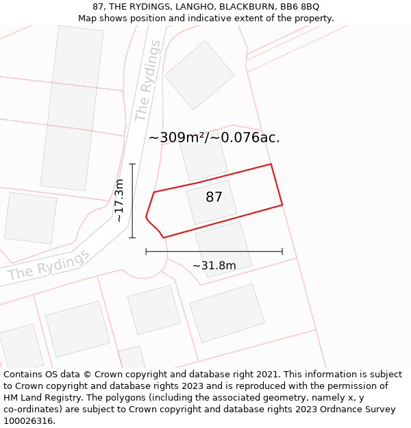 87, THE RYDINGS, LANGHO, BLACKBURN, BB6 8BQ: Plot and title map