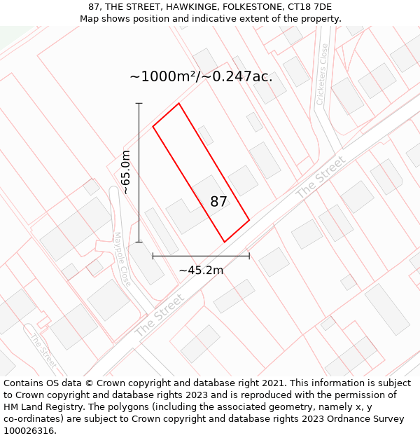 87, THE STREET, HAWKINGE, FOLKESTONE, CT18 7DE: Plot and title map