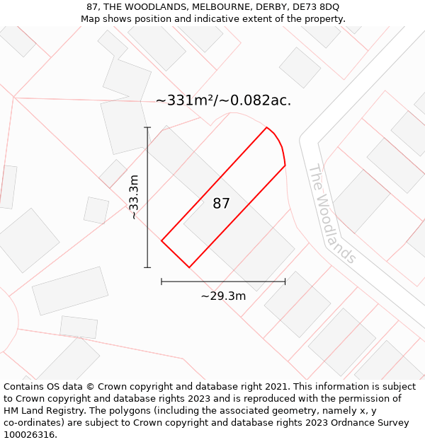 87, THE WOODLANDS, MELBOURNE, DERBY, DE73 8DQ: Plot and title map