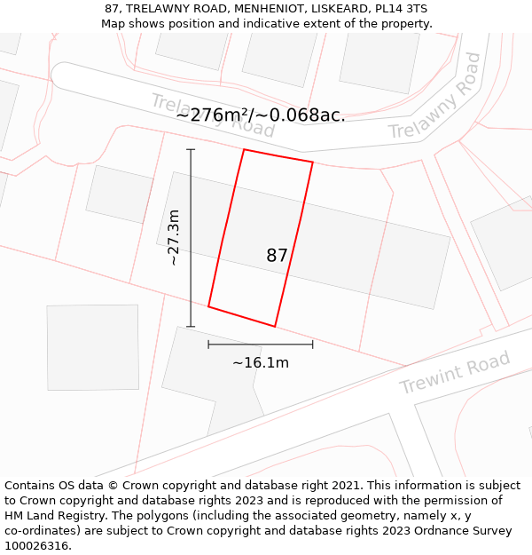 87, TRELAWNY ROAD, MENHENIOT, LISKEARD, PL14 3TS: Plot and title map