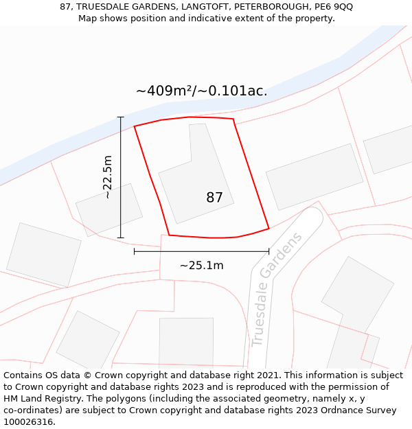 87, TRUESDALE GARDENS, LANGTOFT, PETERBOROUGH, PE6 9QQ: Plot and title map