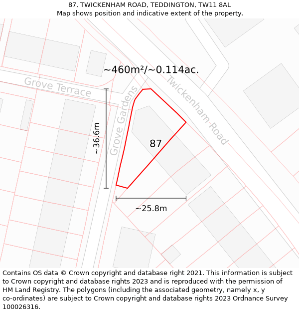 87, TWICKENHAM ROAD, TEDDINGTON, TW11 8AL: Plot and title map