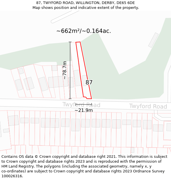 87, TWYFORD ROAD, WILLINGTON, DERBY, DE65 6DE: Plot and title map