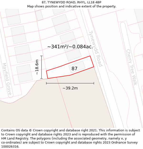 87, TYNEWYDD ROAD, RHYL, LL18 4BP: Plot and title map