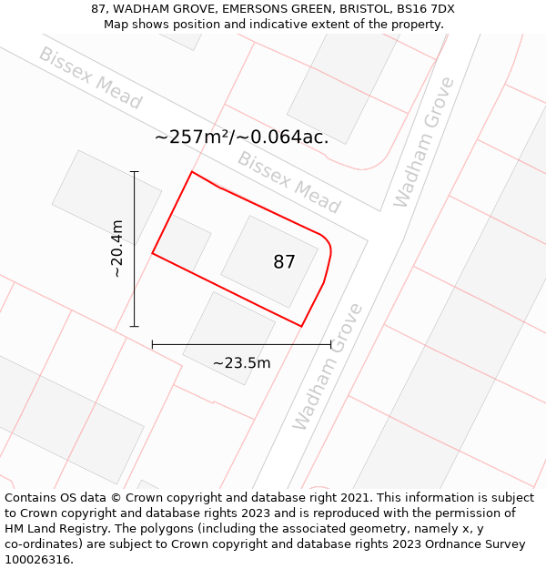 87, WADHAM GROVE, EMERSONS GREEN, BRISTOL, BS16 7DX: Plot and title map