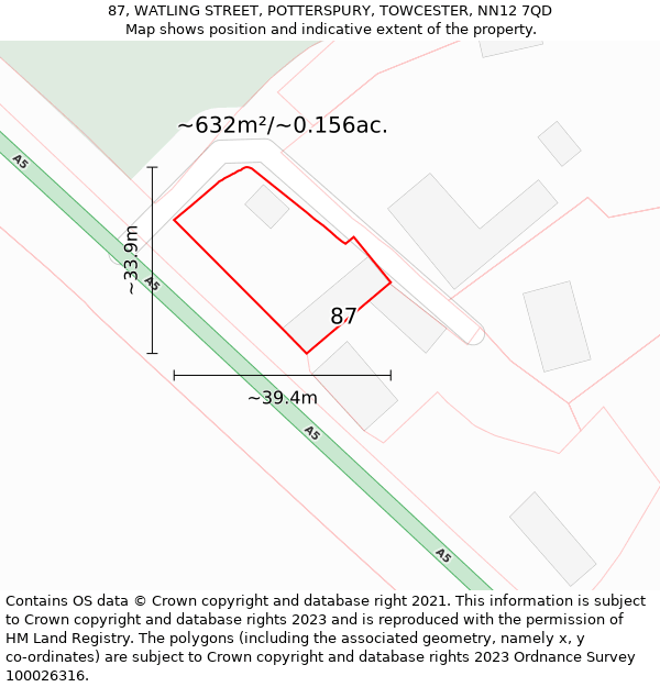 87, WATLING STREET, POTTERSPURY, TOWCESTER, NN12 7QD: Plot and title map