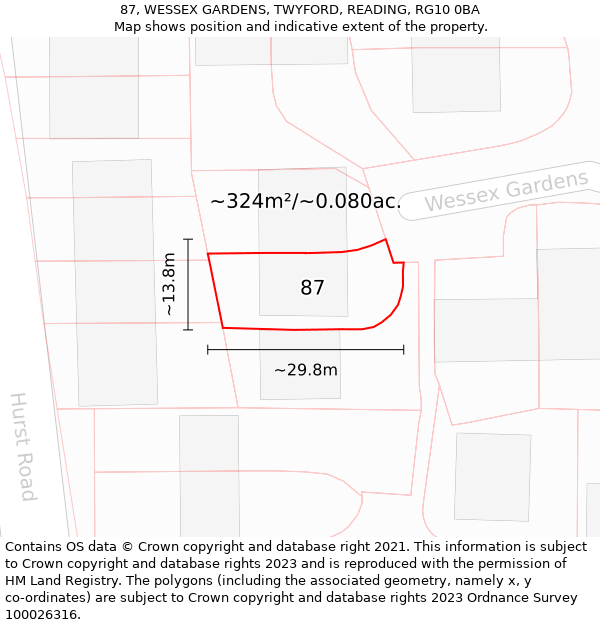 87, WESSEX GARDENS, TWYFORD, READING, RG10 0BA: Plot and title map