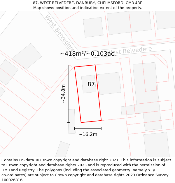 87, WEST BELVEDERE, DANBURY, CHELMSFORD, CM3 4RF: Plot and title map