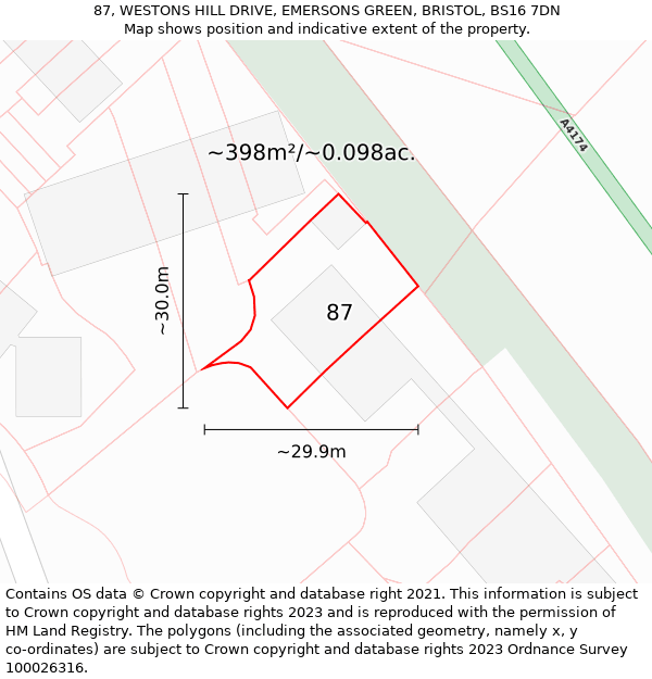 87, WESTONS HILL DRIVE, EMERSONS GREEN, BRISTOL, BS16 7DN: Plot and title map