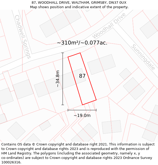 87, WOODHALL DRIVE, WALTHAM, GRIMSBY, DN37 0UX: Plot and title map