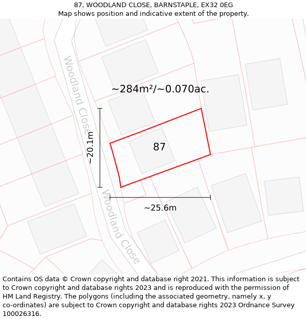 87, WOODLAND CLOSE, BARNSTAPLE, EX32 0EG: Plot and title map