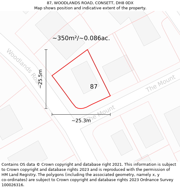 87, WOODLANDS ROAD, CONSETT, DH8 0DX: Plot and title map