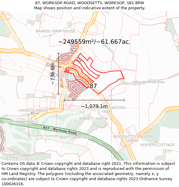 87, WORKSOP ROAD, WOODSETTS, WORKSOP, S81 8RW: Plot and title map