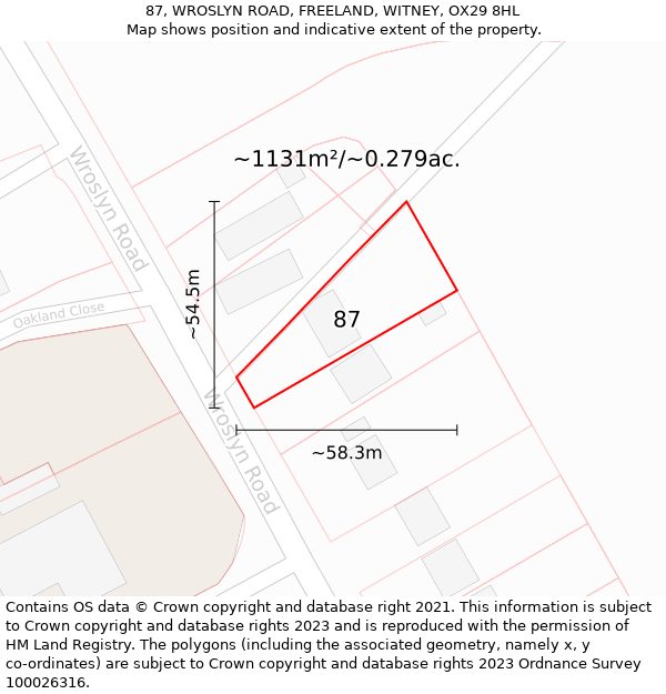 87, WROSLYN ROAD, FREELAND, WITNEY, OX29 8HL: Plot and title map