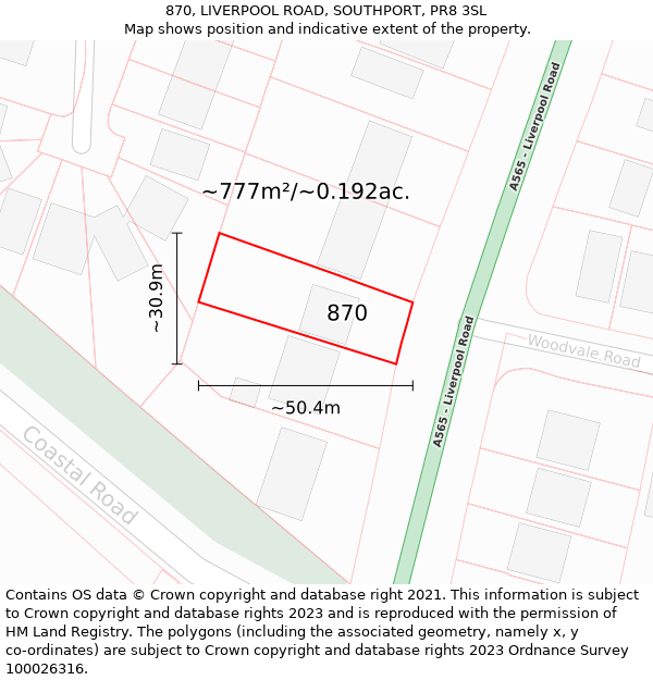 870, LIVERPOOL ROAD, SOUTHPORT, PR8 3SL: Plot and title map