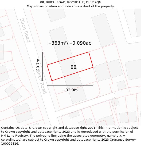 88, BIRCH ROAD, ROCHDALE, OL12 9QN: Plot and title map