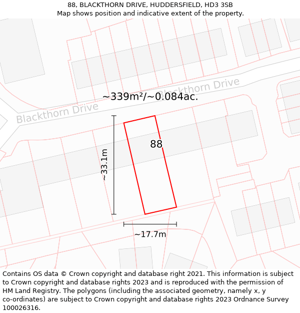 88, BLACKTHORN DRIVE, HUDDERSFIELD, HD3 3SB: Plot and title map