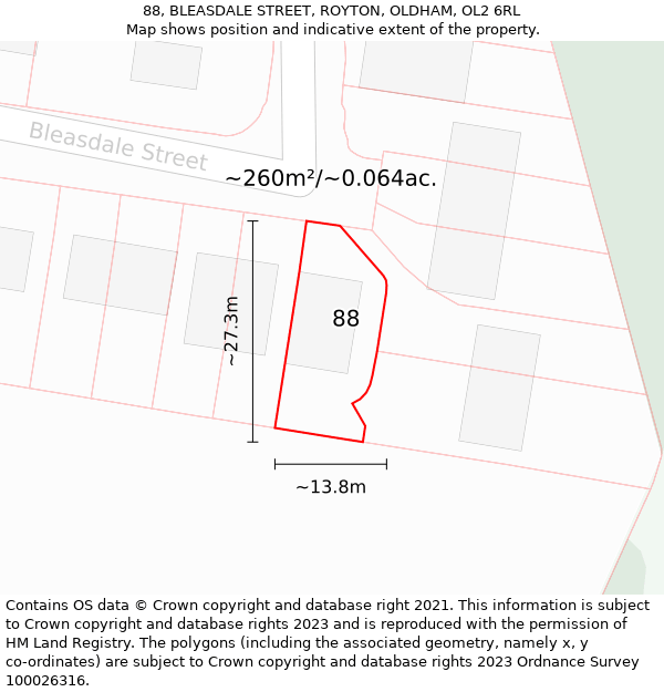 88, BLEASDALE STREET, ROYTON, OLDHAM, OL2 6RL: Plot and title map