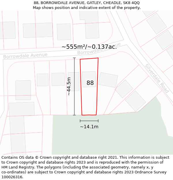 88, BORROWDALE AVENUE, GATLEY, CHEADLE, SK8 4QQ: Plot and title map