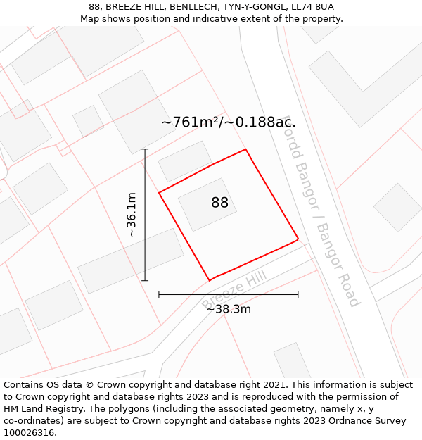 88, BREEZE HILL, BENLLECH, TYN-Y-GONGL, LL74 8UA: Plot and title map