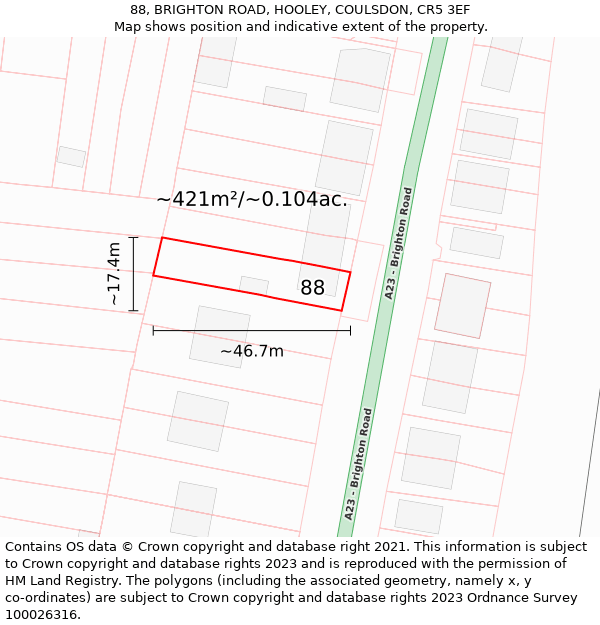 88, BRIGHTON ROAD, HOOLEY, COULSDON, CR5 3EF: Plot and title map