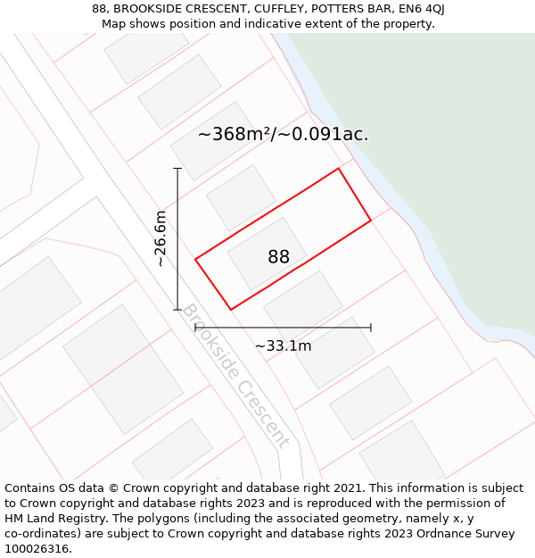 88, BROOKSIDE CRESCENT, CUFFLEY, POTTERS BAR, EN6 4QJ: Plot and title map