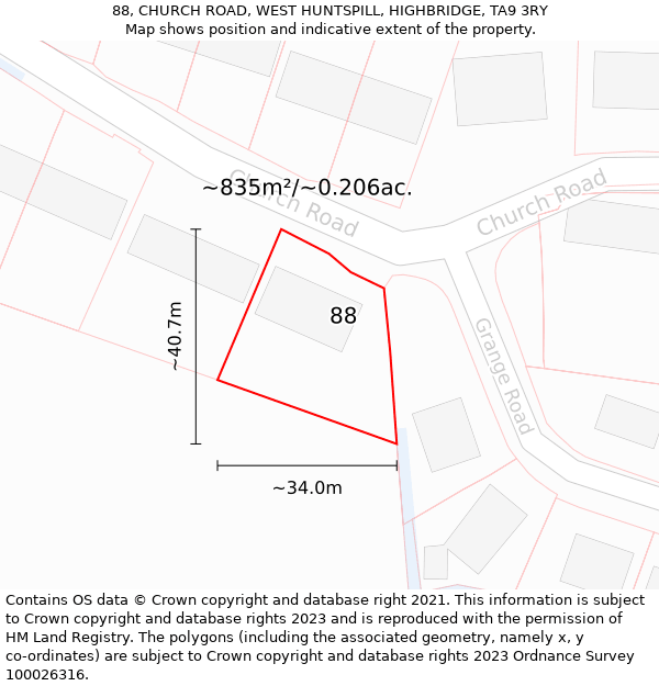 88, CHURCH ROAD, WEST HUNTSPILL, HIGHBRIDGE, TA9 3RY: Plot and title map