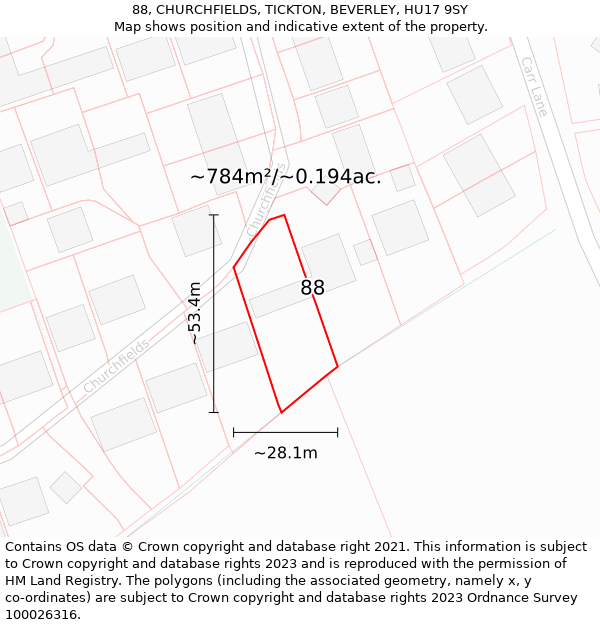 88, CHURCHFIELDS, TICKTON, BEVERLEY, HU17 9SY: Plot and title map