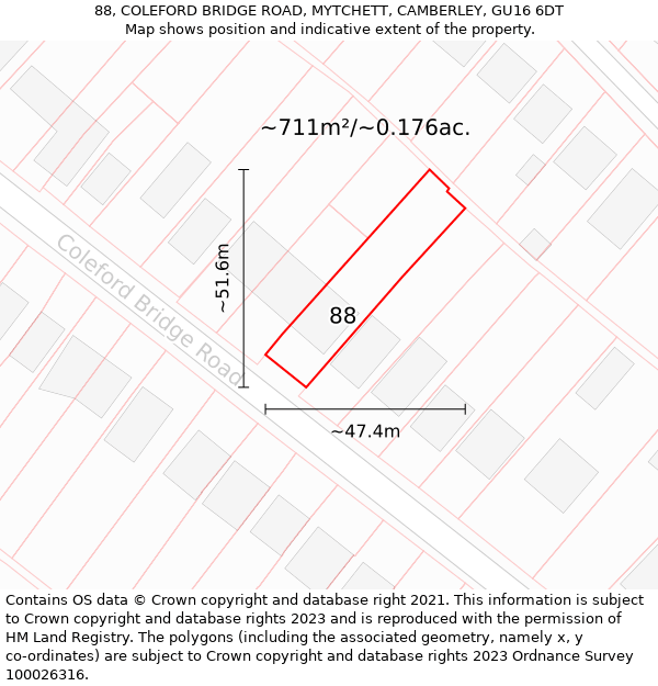 88, COLEFORD BRIDGE ROAD, MYTCHETT, CAMBERLEY, GU16 6DT: Plot and title map