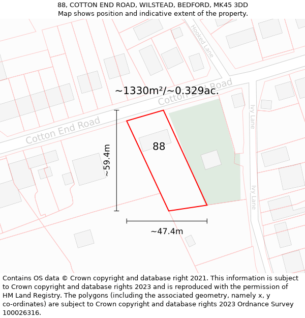 88, COTTON END ROAD, WILSTEAD, BEDFORD, MK45 3DD: Plot and title map