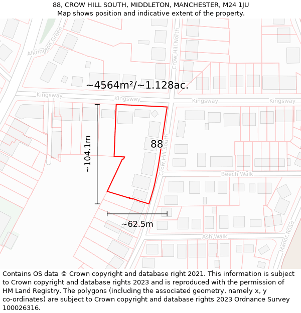 88, CROW HILL SOUTH, MIDDLETON, MANCHESTER, M24 1JU: Plot and title map