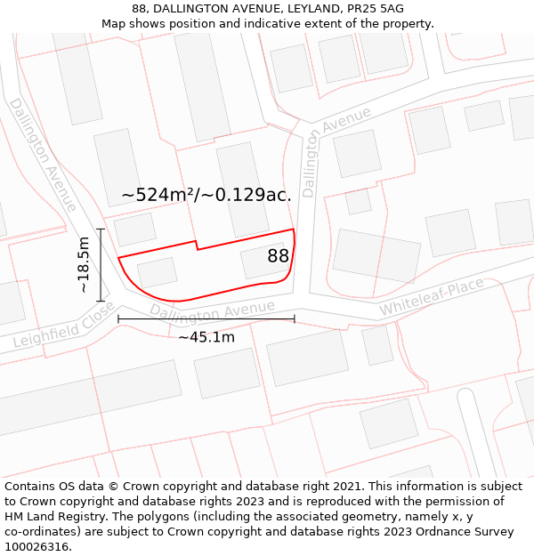 88, DALLINGTON AVENUE, LEYLAND, PR25 5AG: Plot and title map