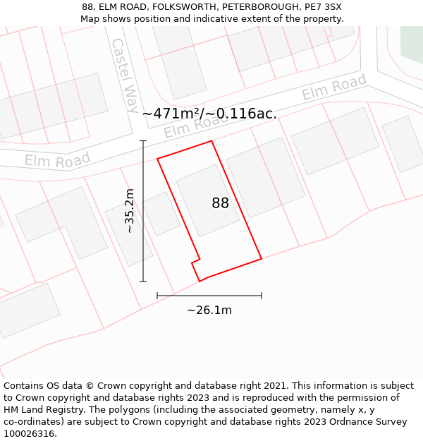 88, ELM ROAD, FOLKSWORTH, PETERBOROUGH, PE7 3SX: Plot and title map