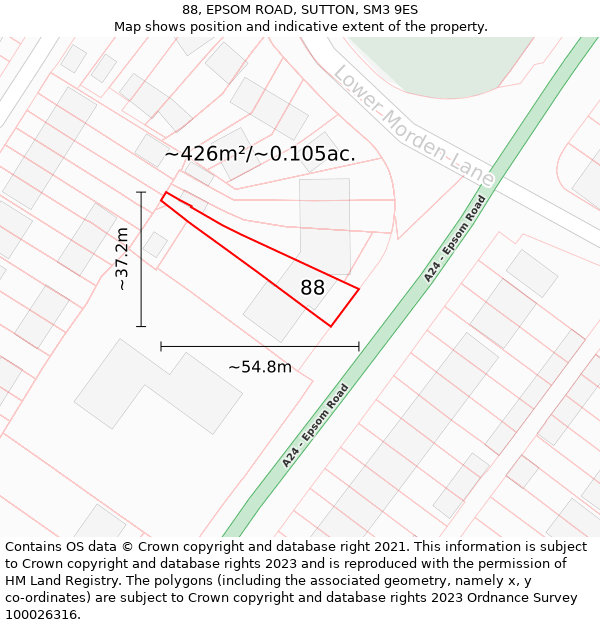 88, EPSOM ROAD, SUTTON, SM3 9ES: Plot and title map