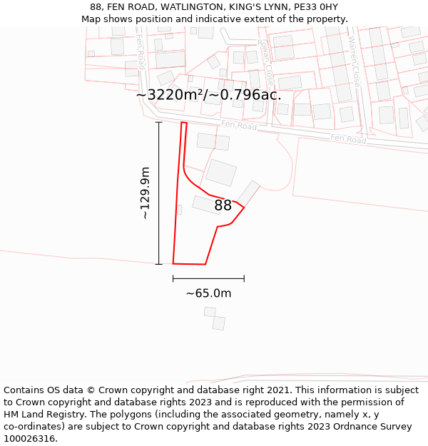 88, FEN ROAD, WATLINGTON, KING'S LYNN, PE33 0HY: Plot and title map