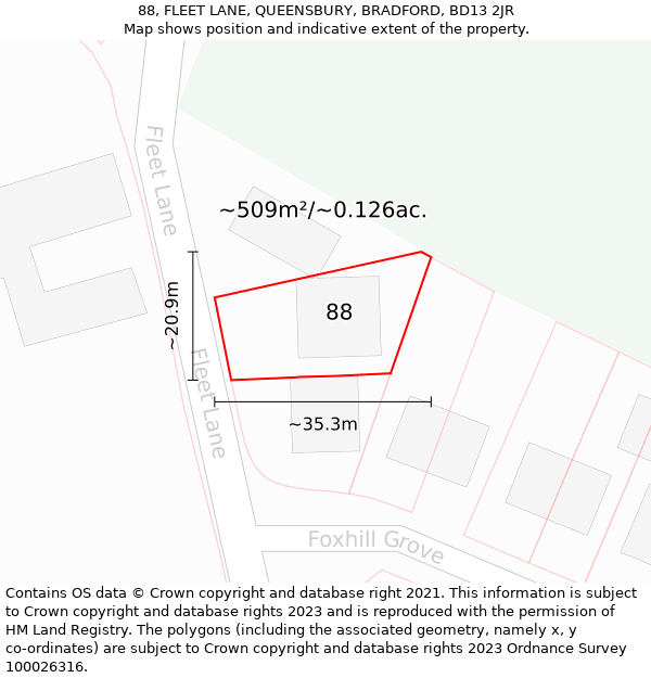 88, FLEET LANE, QUEENSBURY, BRADFORD, BD13 2JR: Plot and title map