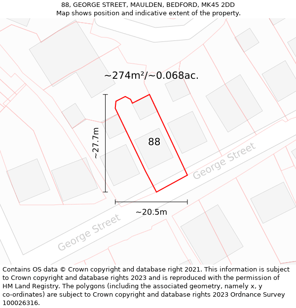 88, GEORGE STREET, MAULDEN, BEDFORD, MK45 2DD: Plot and title map