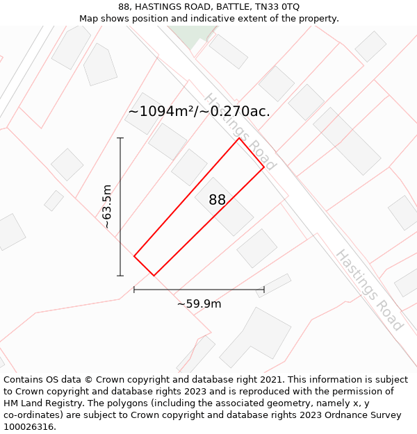 88, HASTINGS ROAD, BATTLE, TN33 0TQ: Plot and title map