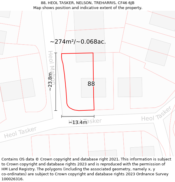 88, HEOL TASKER, NELSON, TREHARRIS, CF46 6JB: Plot and title map