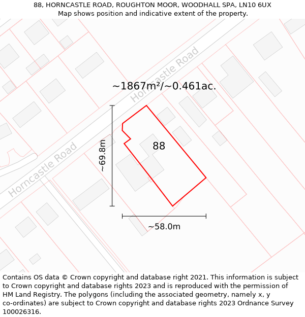 88, HORNCASTLE ROAD, ROUGHTON MOOR, WOODHALL SPA, LN10 6UX: Plot and title map