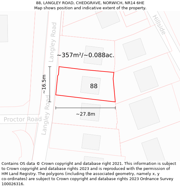 88, LANGLEY ROAD, CHEDGRAVE, NORWICH, NR14 6HE: Plot and title map