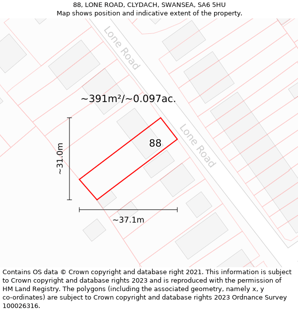 88, LONE ROAD, CLYDACH, SWANSEA, SA6 5HU: Plot and title map