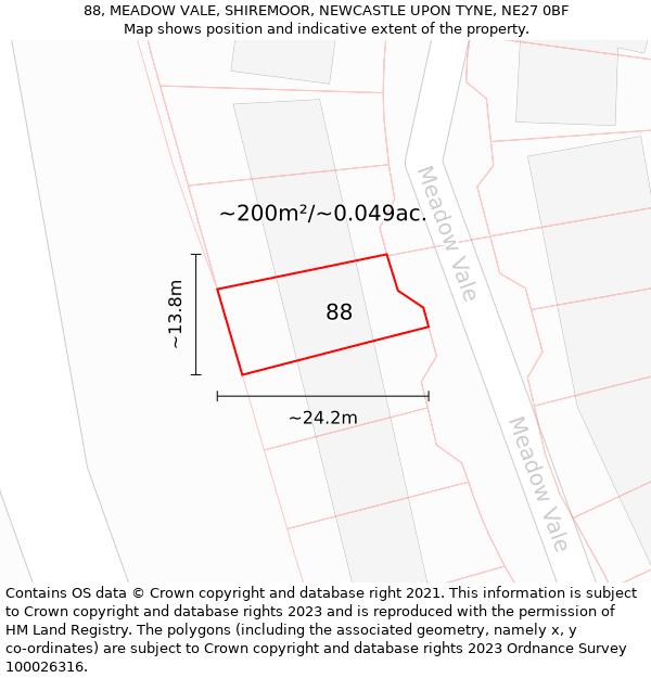 88, MEADOW VALE, SHIREMOOR, NEWCASTLE UPON TYNE, NE27 0BF: Plot and title map