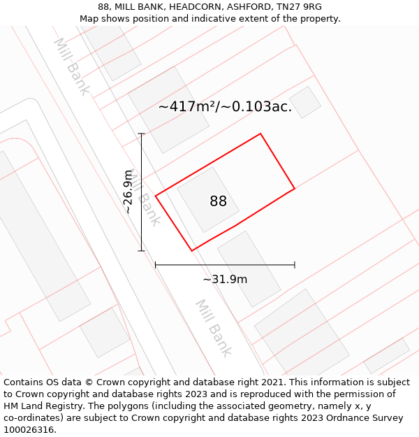 88, MILL BANK, HEADCORN, ASHFORD, TN27 9RG: Plot and title map