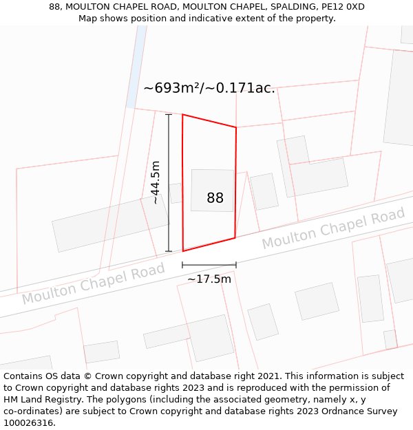 88, MOULTON CHAPEL ROAD, MOULTON CHAPEL, SPALDING, PE12 0XD: Plot and title map