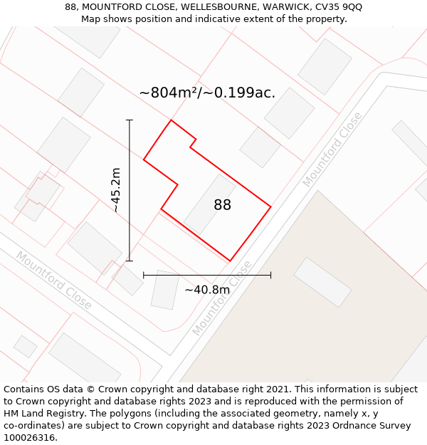 88, MOUNTFORD CLOSE, WELLESBOURNE, WARWICK, CV35 9QQ: Plot and title map