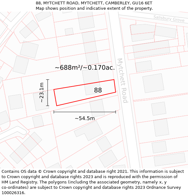 88, MYTCHETT ROAD, MYTCHETT, CAMBERLEY, GU16 6ET: Plot and title map